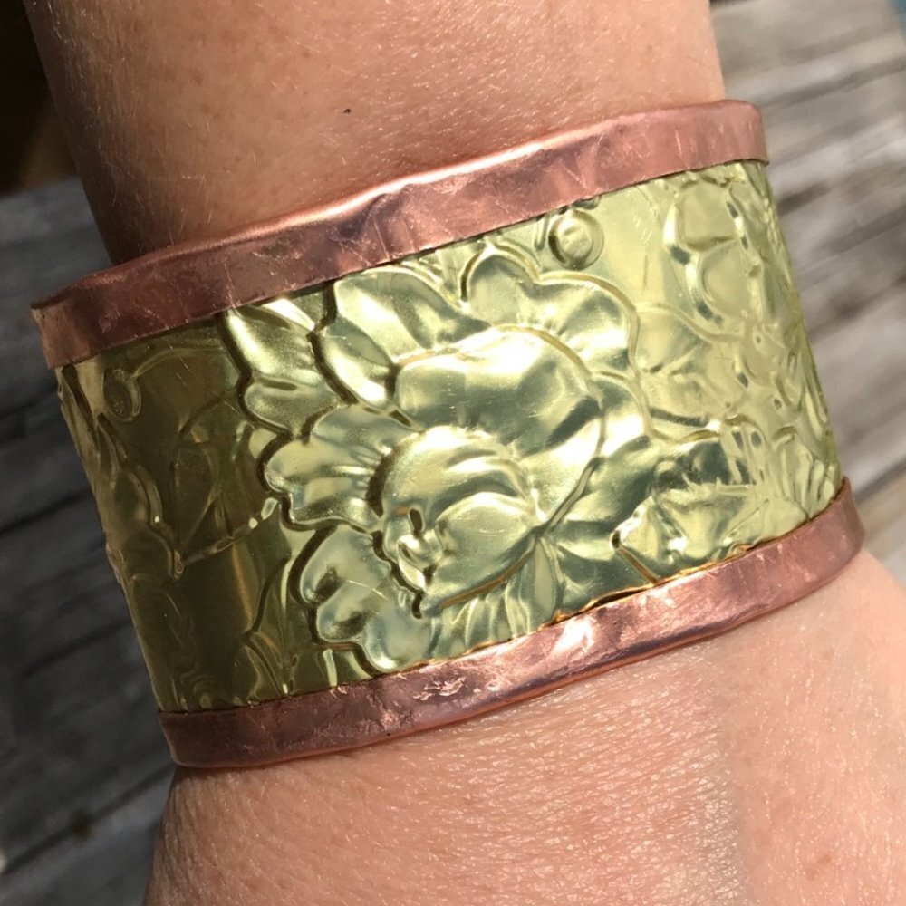 Rose Brass Copper Cuff Bracelet Wide Bohemian Floral Statement Unisex Cowboy